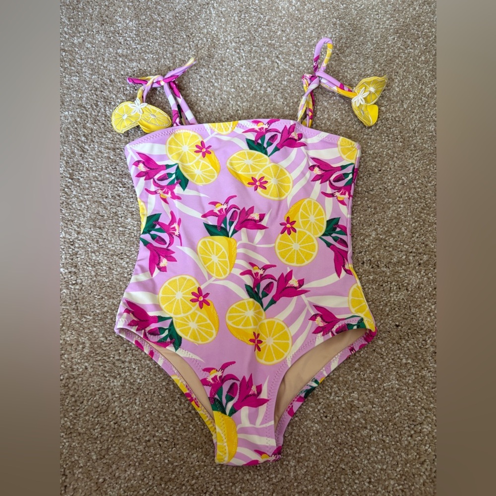 Girls' Pink Lemon-Print One-Piece Swimsuit with Tie Straps